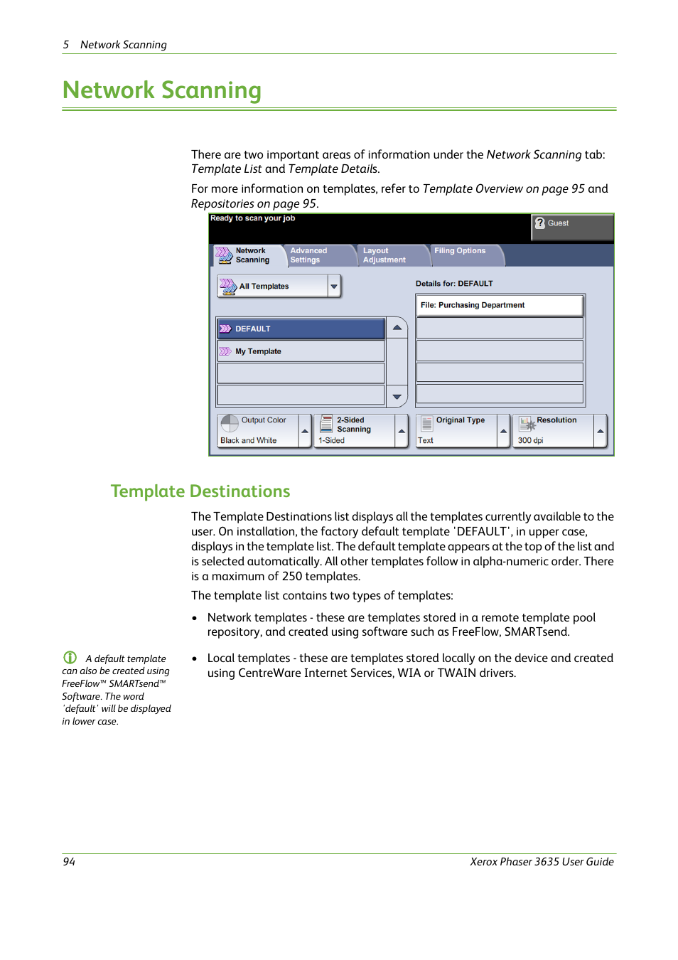 Network scanning, Template destinations | Xerox Phaser 3635 User Manual | Page 100 / 228