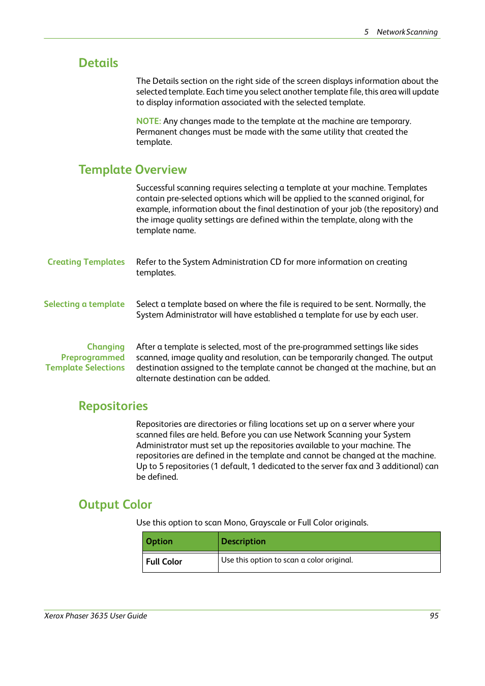 Details, Template overview, Repositories | Output color | Xerox Phaser 3635 User Manual | Page 101 / 228