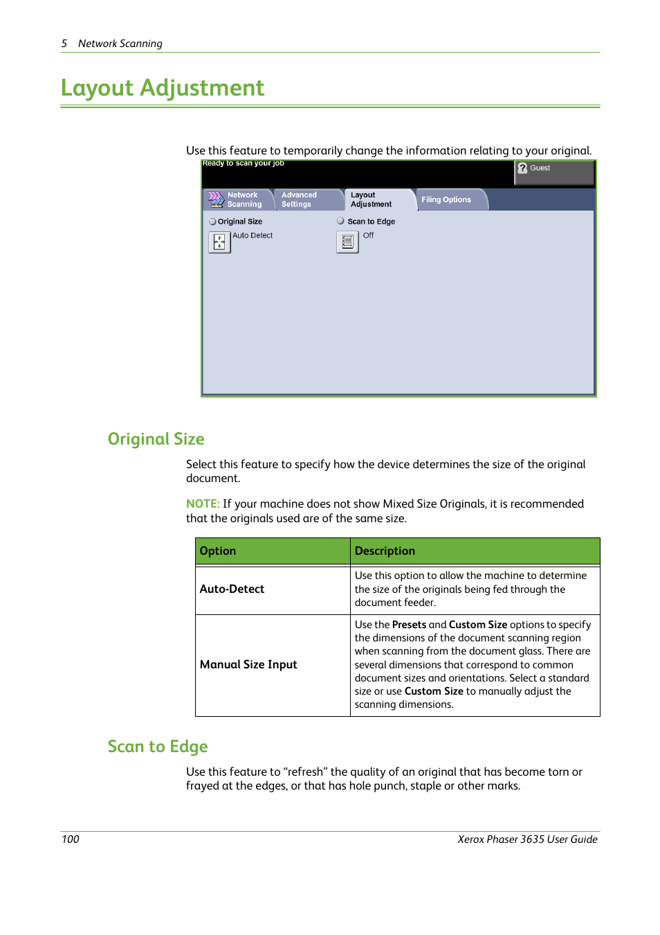 Layout adjustment, Original size, Scan to edge | Xerox Phaser 3635 User Manual | Page 106 / 228