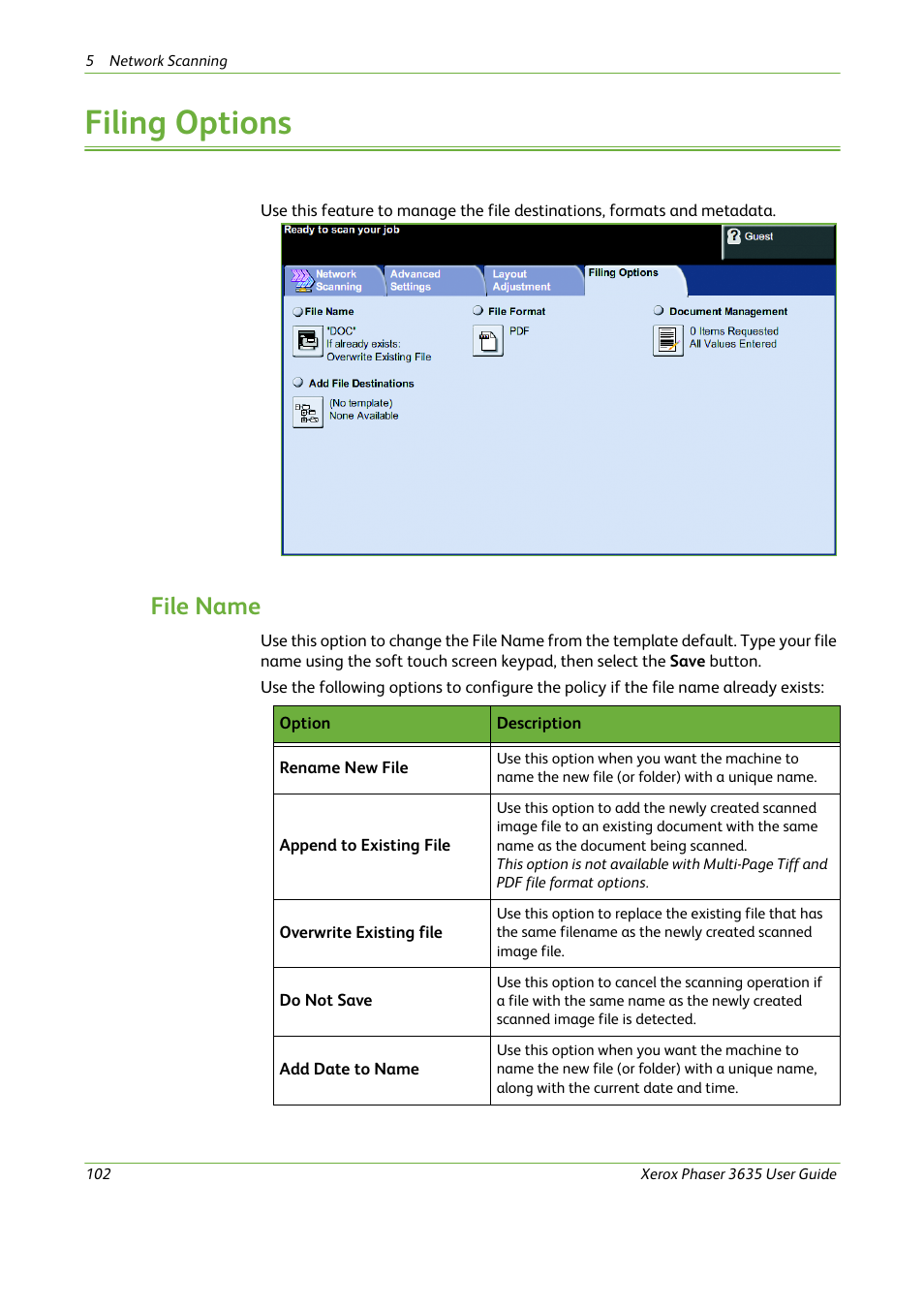 Filing options, File name | Xerox Phaser 3635 User Manual | Page 108 / 228