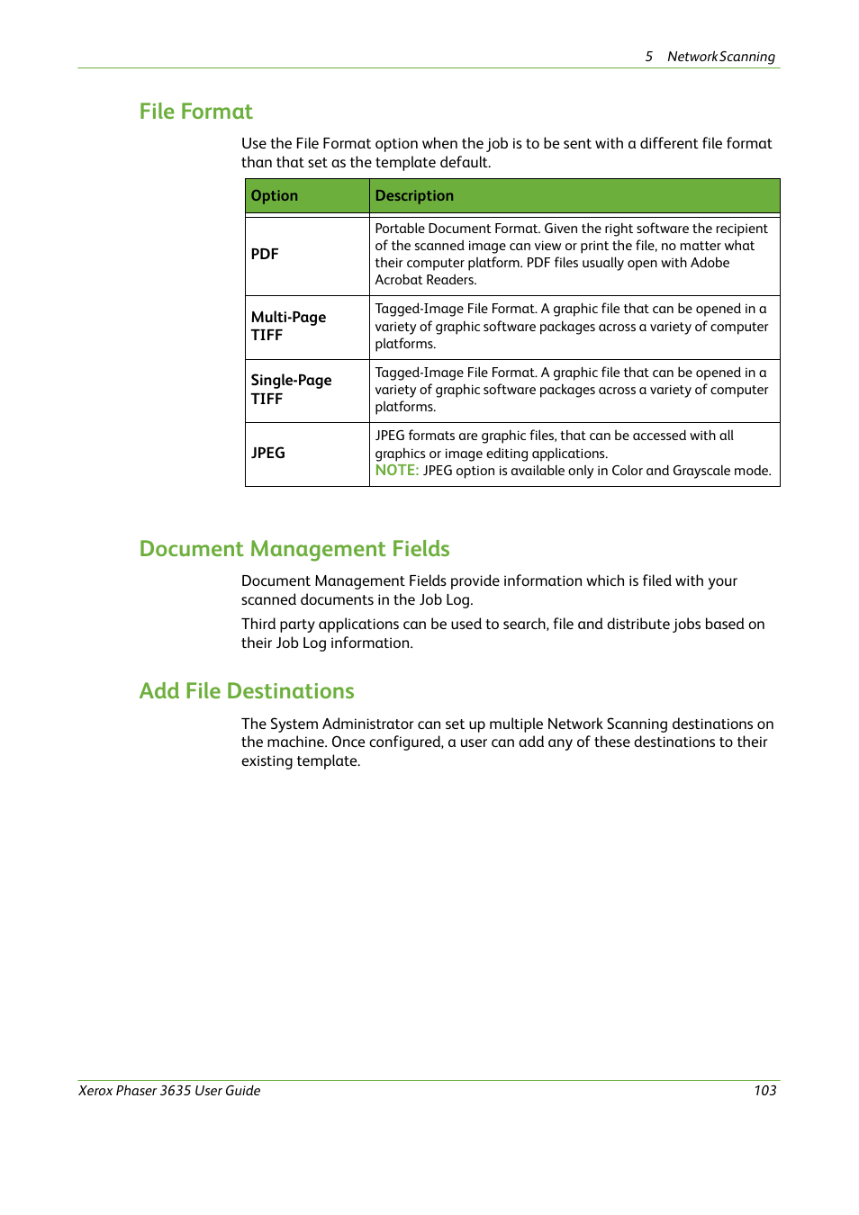 File format, Document management fields, Add file destinations | Xerox Phaser 3635 User Manual | Page 109 / 228