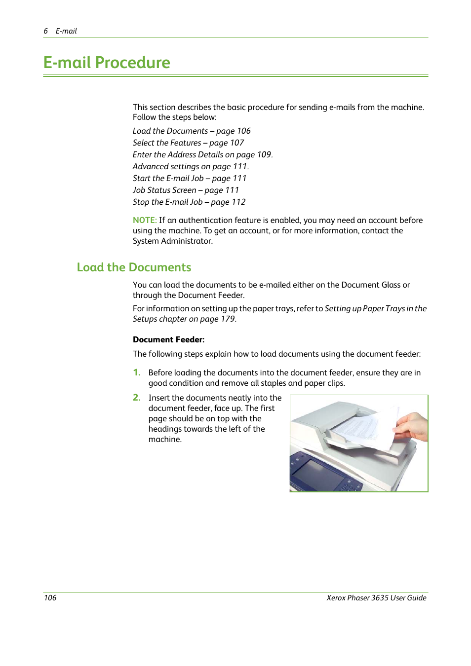 E-mail procedure, Load the documents | Xerox Phaser 3635 User Manual | Page 112 / 228