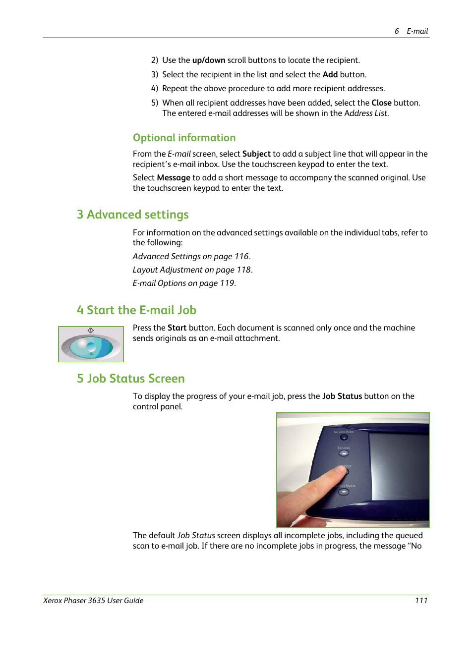 3 advanced settings, 4 start the e-mail job, 5 job status screen | Optional information | Xerox Phaser 3635 User Manual | Page 117 / 228