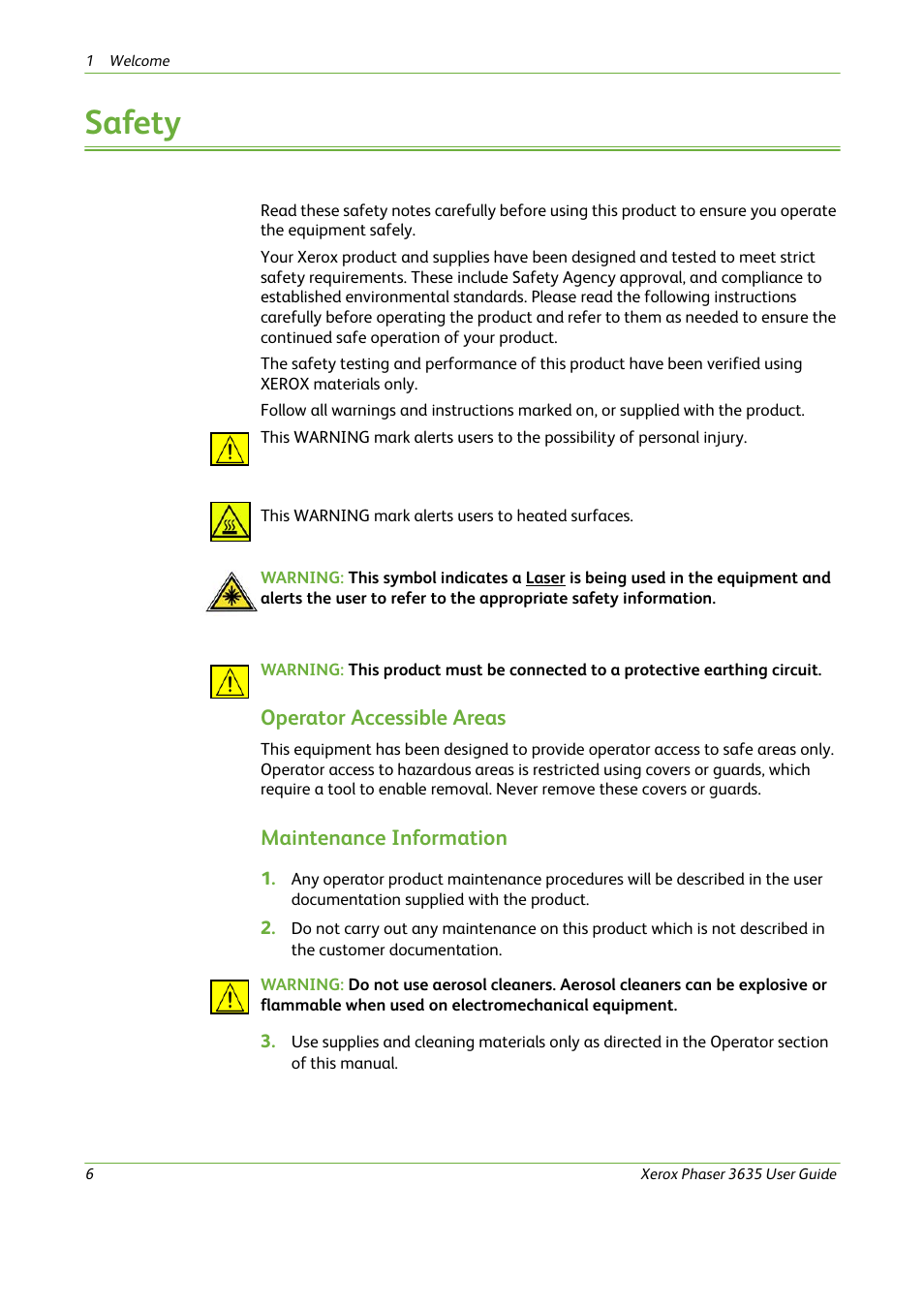 Safety, Operator accessible areas, Maintenance information | Xerox Phaser 3635 User Manual | Page 12 / 228