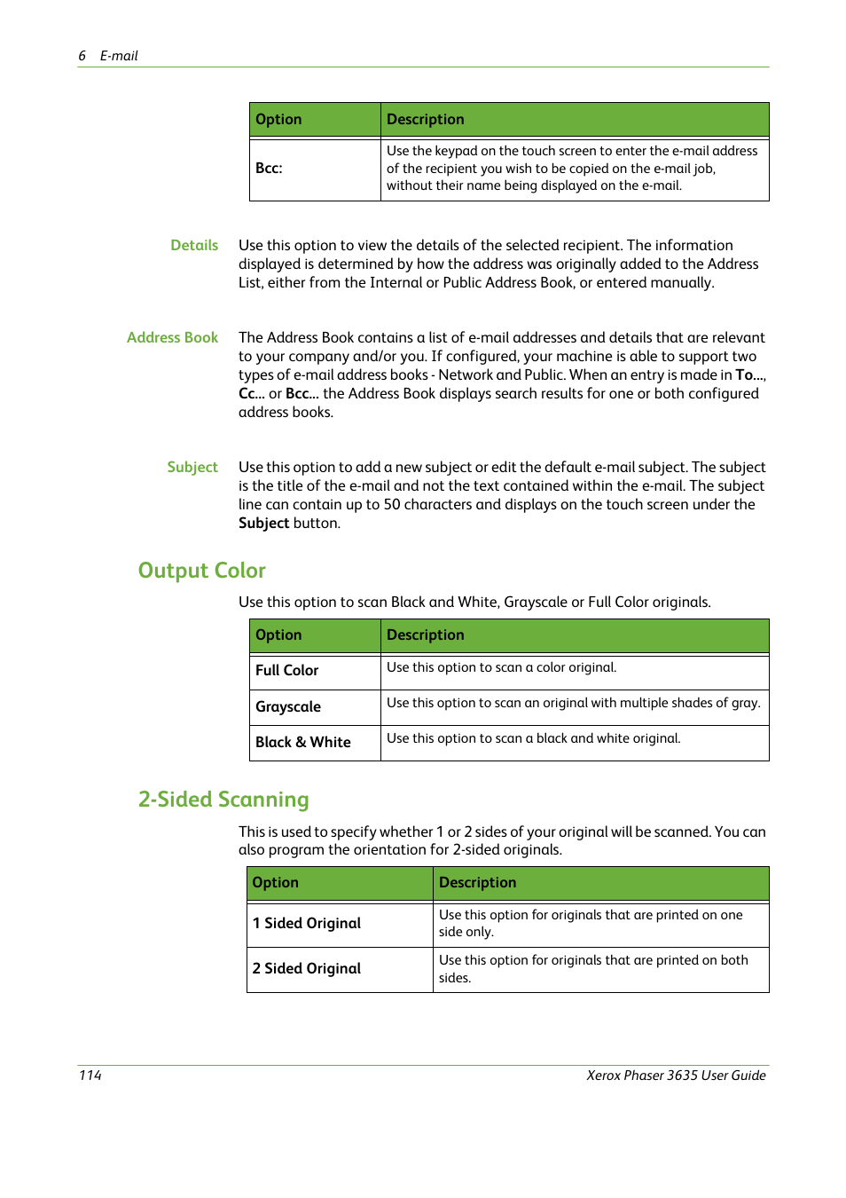 Output color, Sided scanning | Xerox Phaser 3635 User Manual | Page 120 / 228