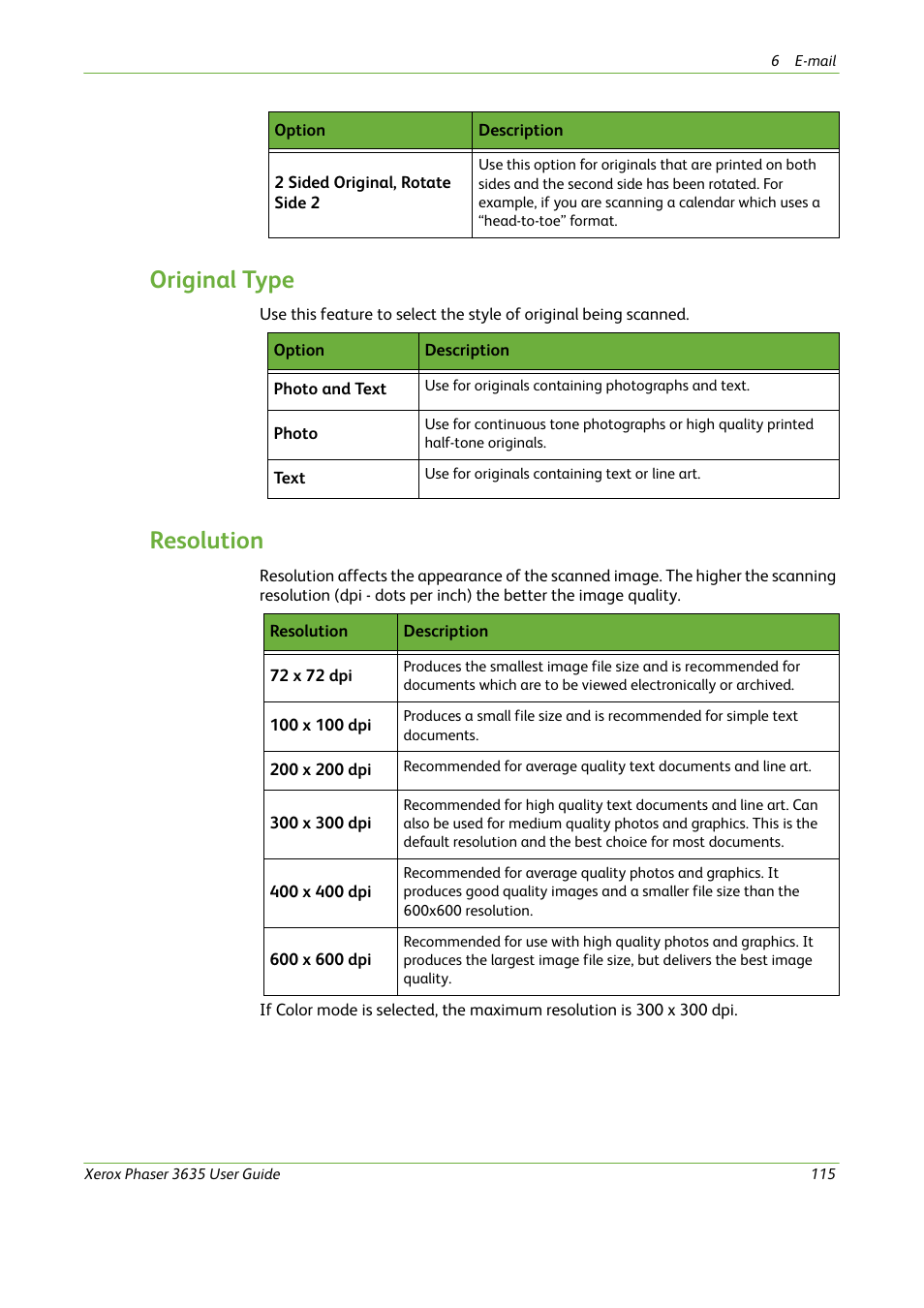 Original type, Resolution | Xerox Phaser 3635 User Manual | Page 121 / 228