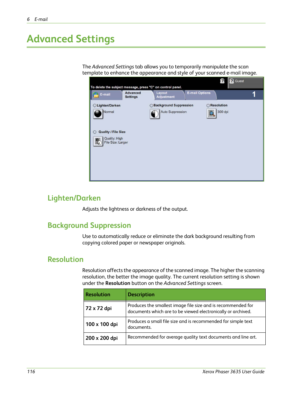 Advanced settings, Lighten/darken, Background suppression | Resolution | Xerox Phaser 3635 User Manual | Page 122 / 228