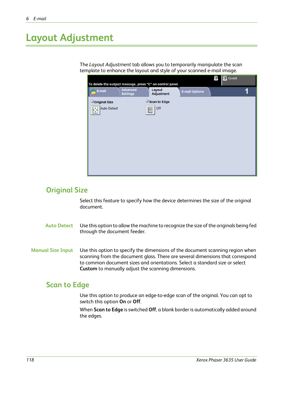 Layout adjustment, Original size, Scan to edge | Xerox Phaser 3635 User Manual | Page 124 / 228