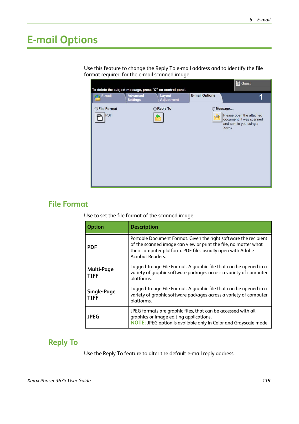 E-mail options, File format, Reply to | Xerox Phaser 3635 User Manual | Page 125 / 228