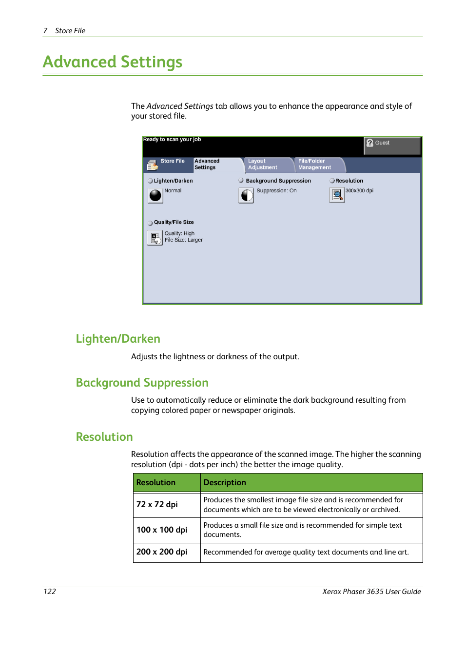 Advanced settings, Lighten/darken, Background suppression | Resolution | Xerox Phaser 3635 User Manual | Page 128 / 228