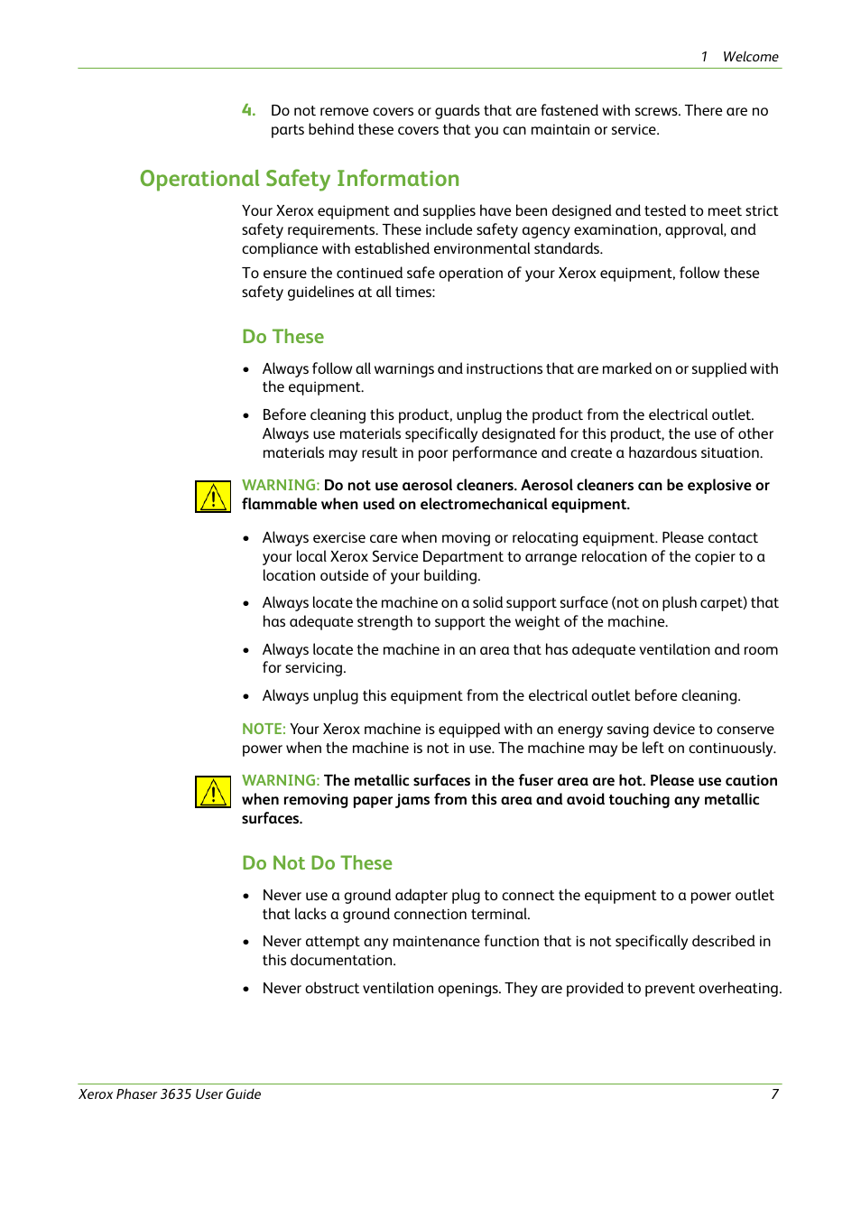 Operational safety information, Do these, Do not do these | Xerox Phaser 3635 User Manual | Page 13 / 228