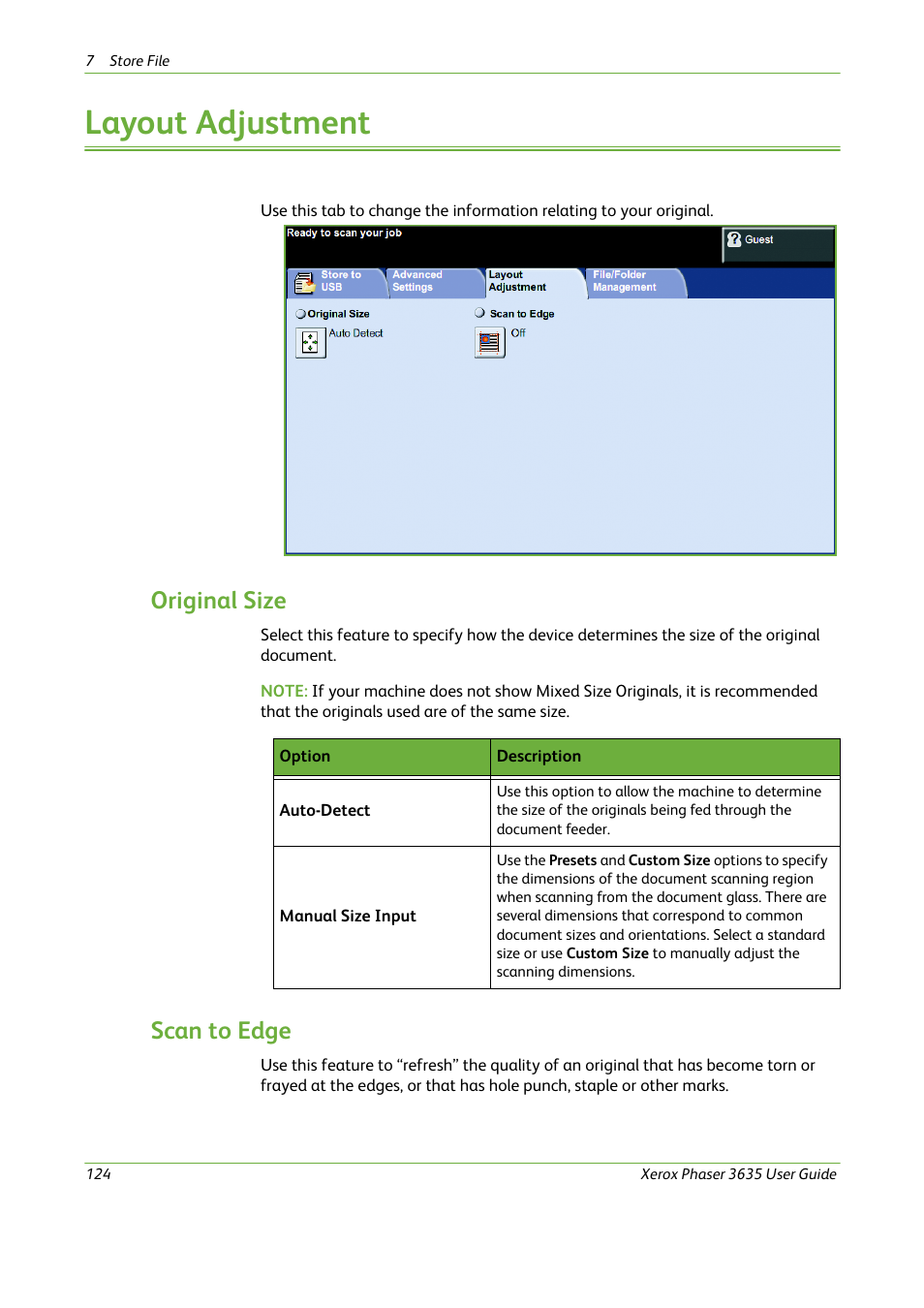 Layout adjustment, Original size, Scan to edge | Xerox Phaser 3635 User Manual | Page 130 / 228