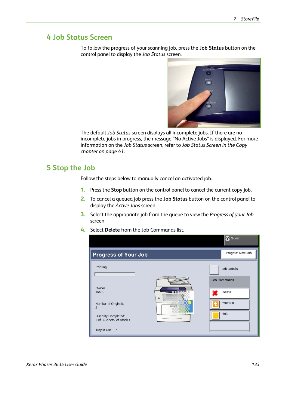 4 job status screen, 5 stop the job | Xerox Phaser 3635 User Manual | Page 139 / 228