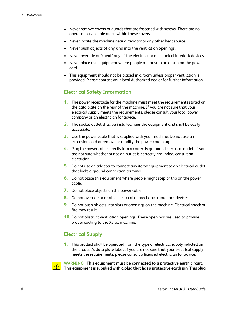 Electrical safety information, Electrical supply | Xerox Phaser 3635 User Manual | Page 14 / 228