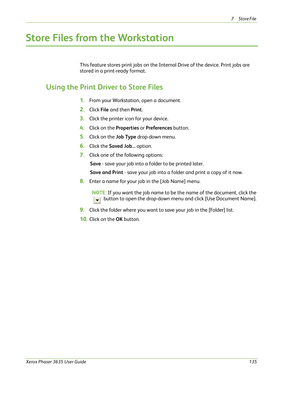 Store files from the workstation, Using the print driver to store files | Xerox Phaser 3635 User Manual | Page 141 / 228