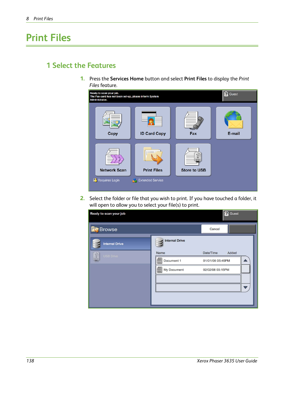 Print files, 1 select the features | Xerox Phaser 3635 User Manual | Page 144 / 228