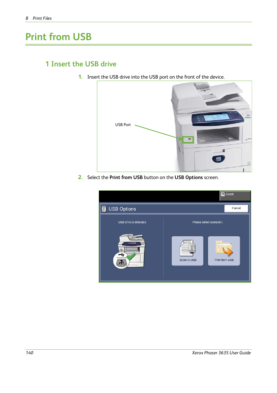 Print from usb, 1 insert the usb drive | Xerox Phaser 3635 User Manual | Page 146 / 228