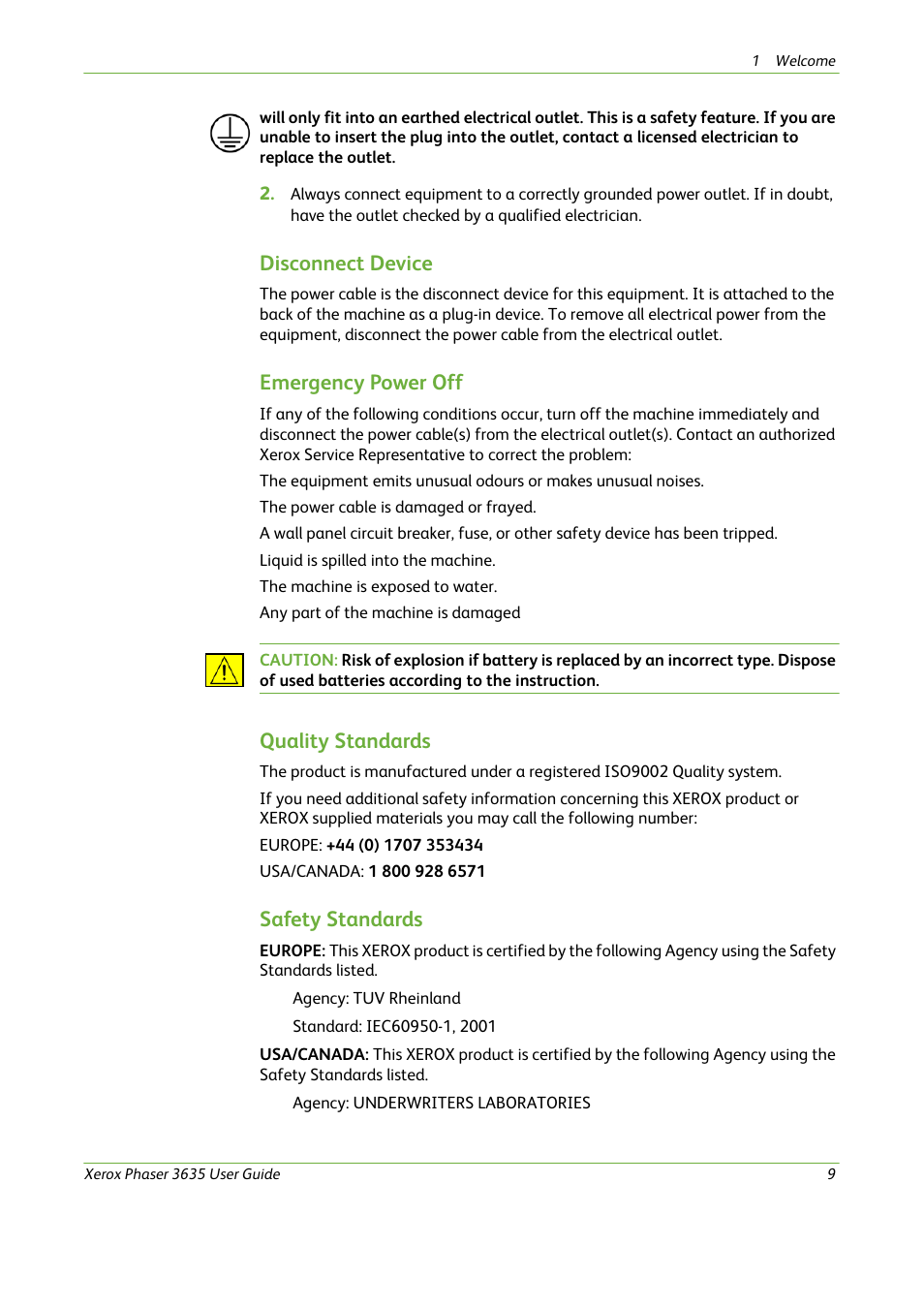 Disconnect device, Emergency power off, Quality standards | Safety standards | Xerox Phaser 3635 User Manual | Page 15 / 228