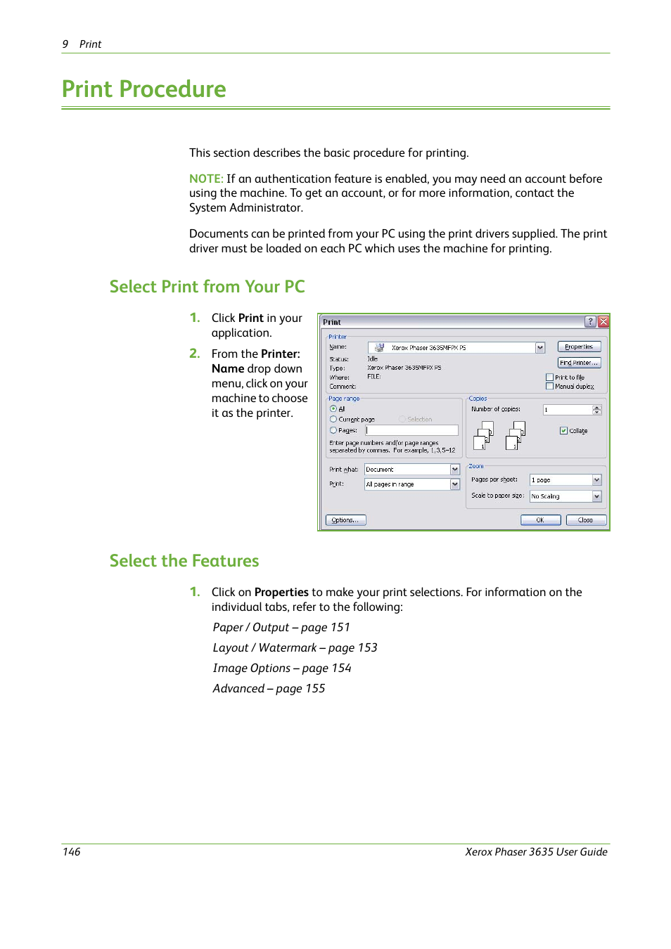 Print procedure, Select print from your pc, Select the features | Xerox Phaser 3635 User Manual | Page 152 / 228