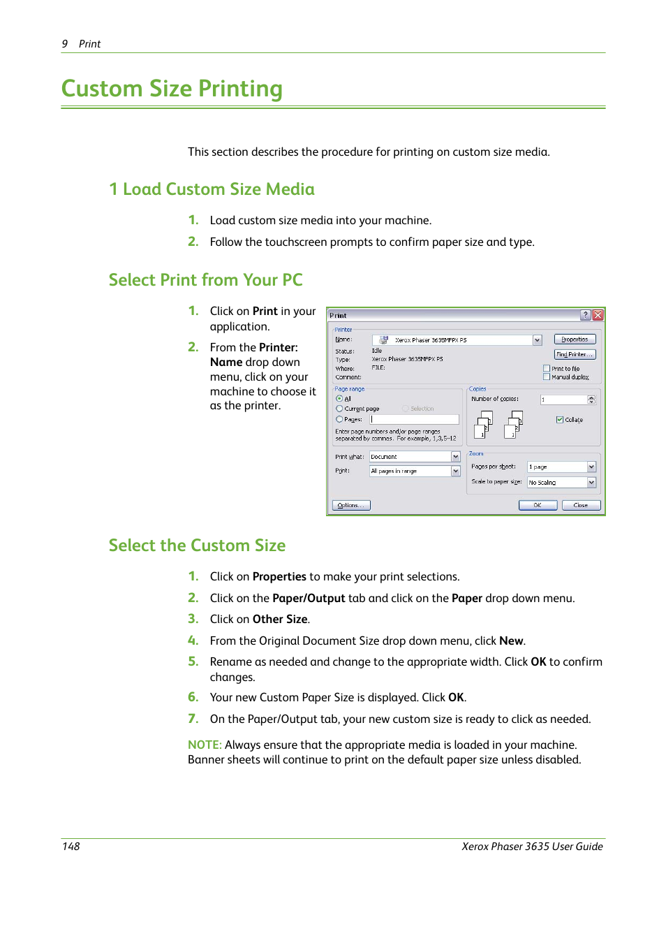 Custom size printing, 1 load custom size media, Select print from your pc | Select the custom size | Xerox Phaser 3635 User Manual | Page 154 / 228