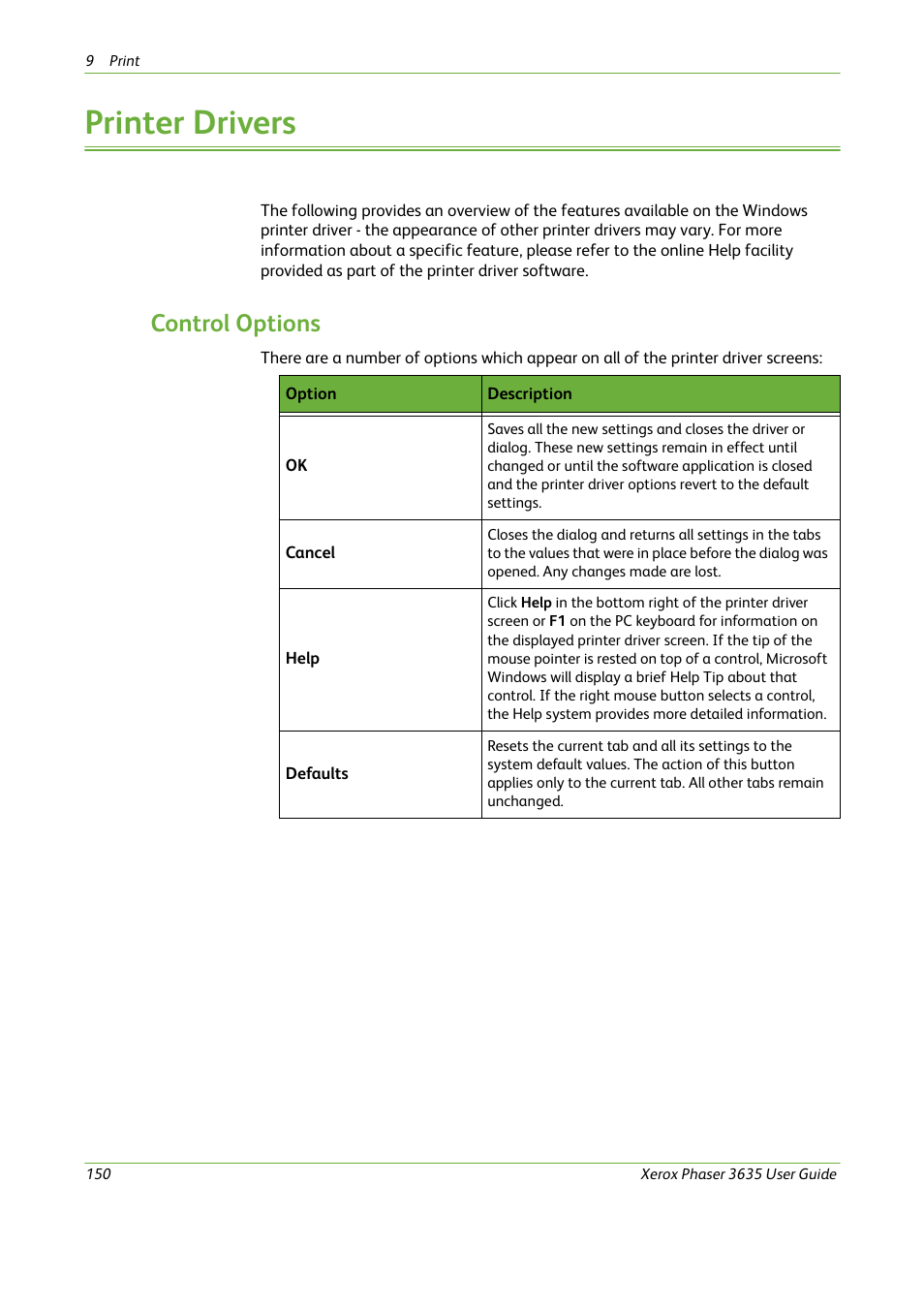 Printer drivers, Control options | Xerox Phaser 3635 User Manual | Page 156 / 228