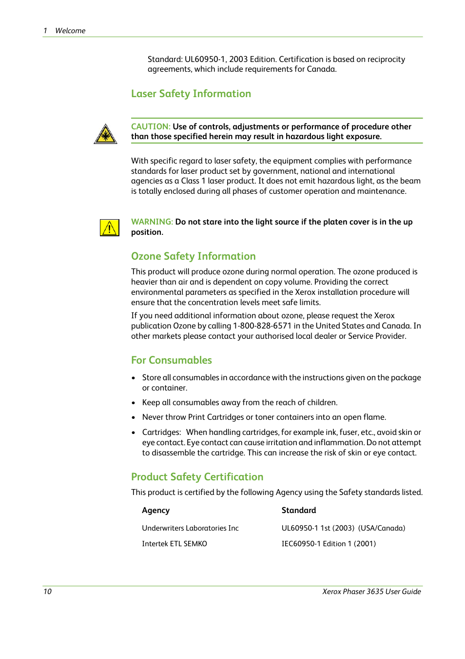 Laser safety information, Ozone safety information, For consumables | Product safety certification | Xerox Phaser 3635 User Manual | Page 16 / 228