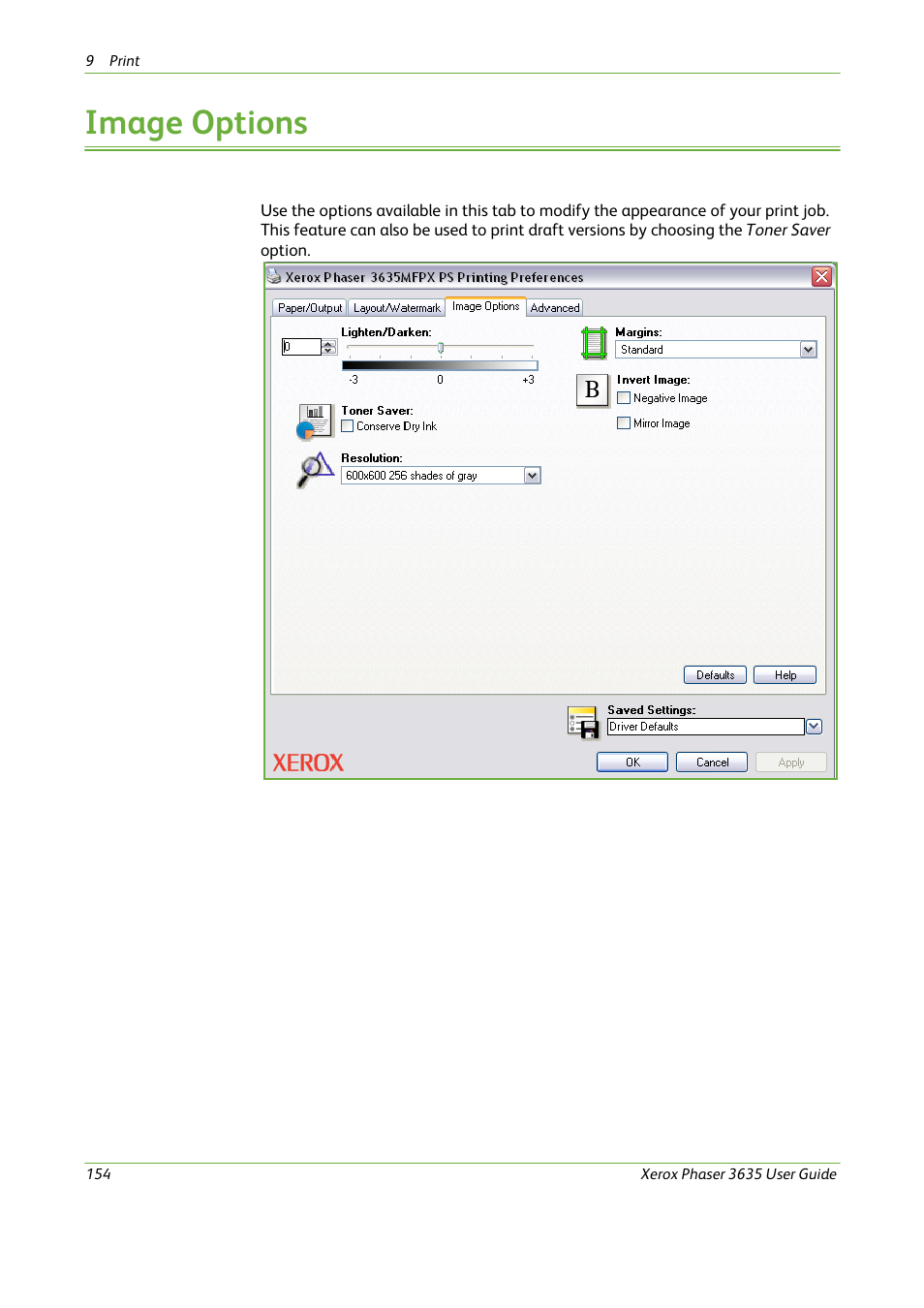 Image options | Xerox Phaser 3635 User Manual | Page 160 / 228
