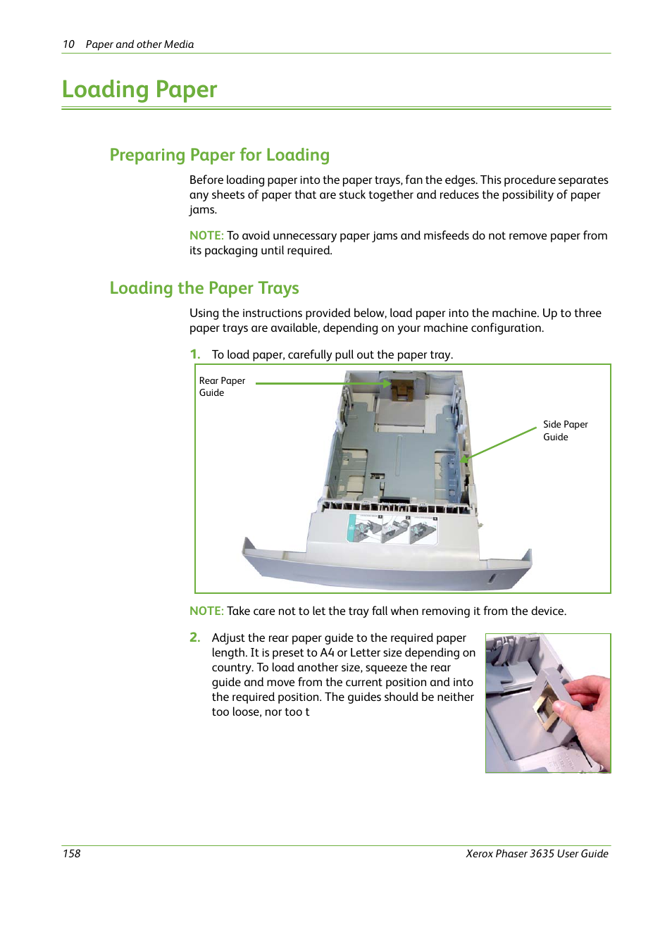 Loading paper, Preparing paper for loading, Loading the paper trays | Xerox Phaser 3635 User Manual | Page 164 / 228