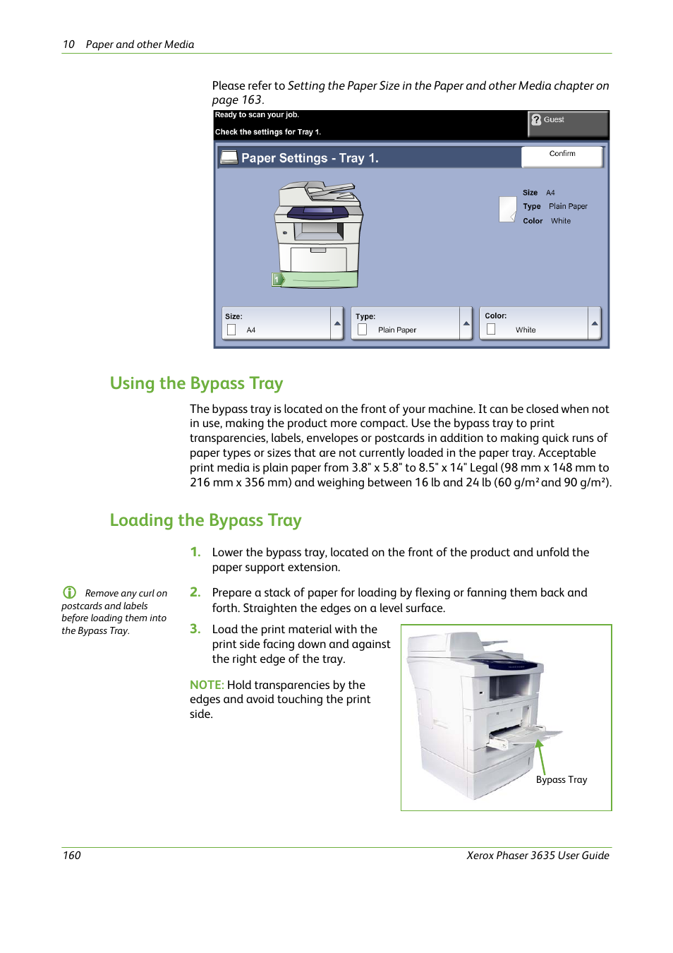 Using the bypass tray, Loading the bypass tray | Xerox Phaser 3635 User Manual | Page 166 / 228