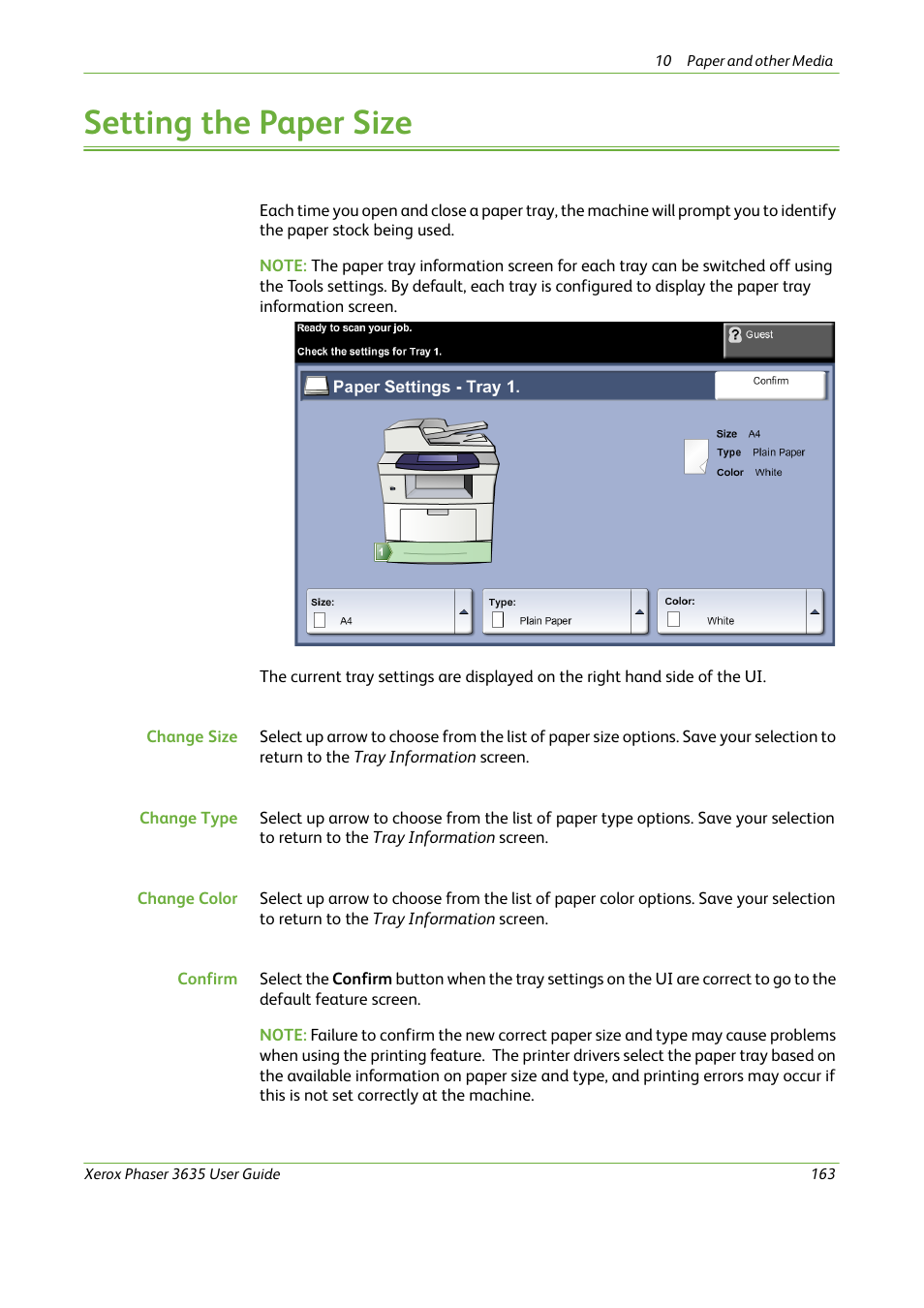 Setting the paper size | Xerox Phaser 3635 User Manual | Page 169 / 228