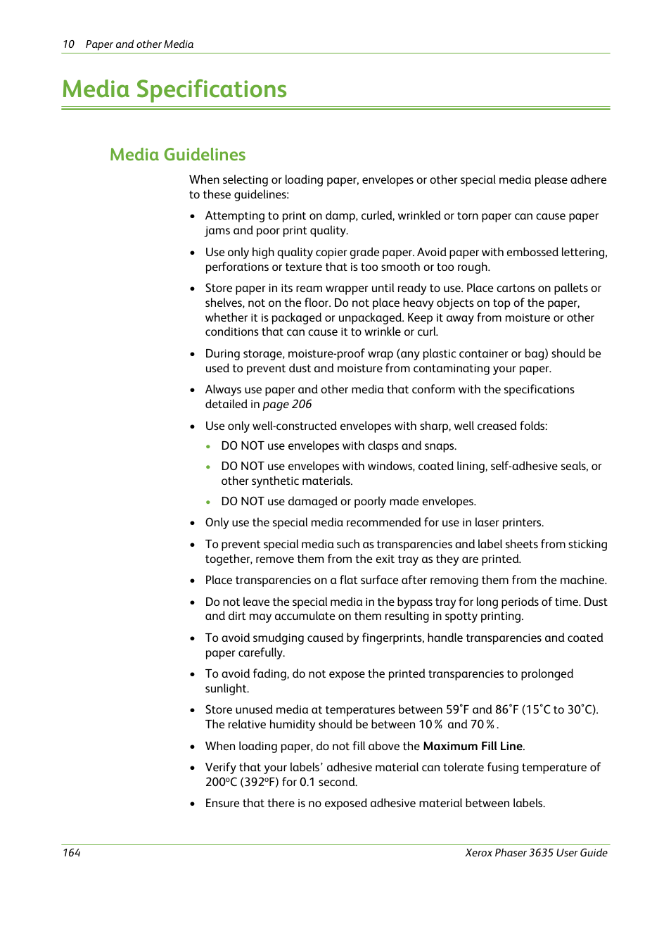 Media specifications, Media guidelines | Xerox Phaser 3635 User Manual | Page 170 / 228