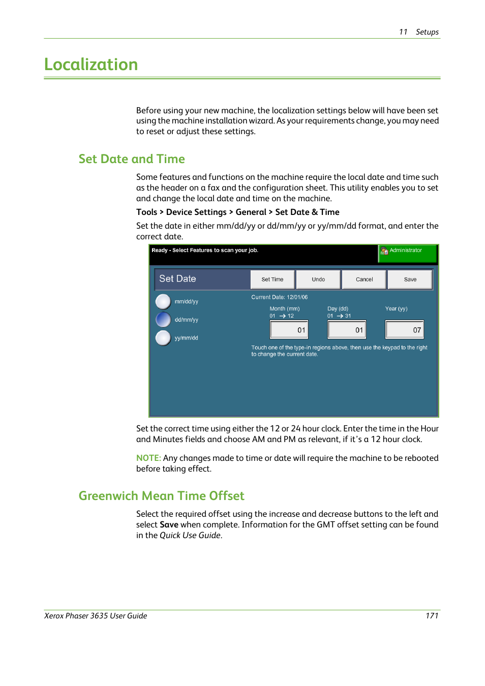 Localization, Greenwich mean time offset, Set date and time | Xerox Phaser 3635 User Manual | Page 177 / 228