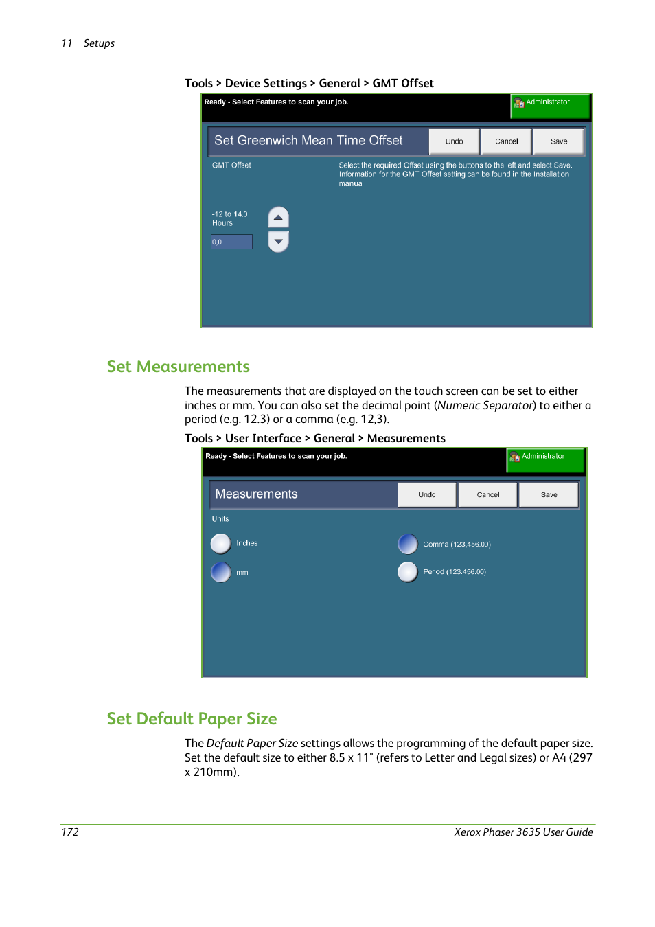 Set measurements, Set default paper size | Xerox Phaser 3635 User Manual | Page 178 / 228