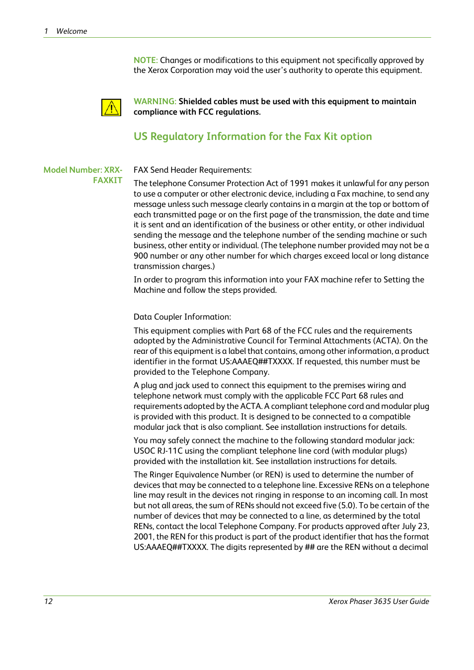 Us regulatory information for the fax kit option | Xerox Phaser 3635 User Manual | Page 18 / 228