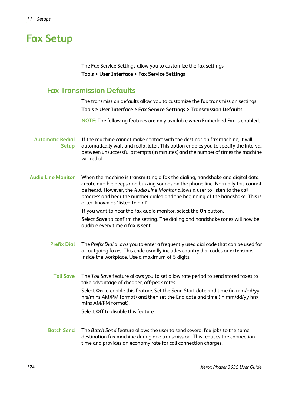 Fax setup, Fax transmission defaults | Xerox Phaser 3635 User Manual | Page 180 / 228