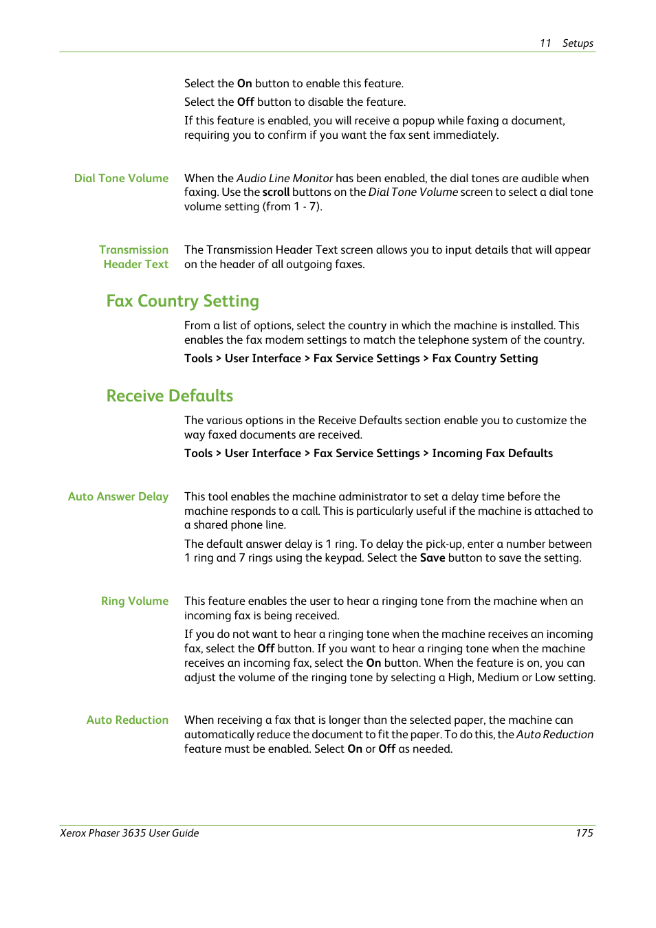 Fax country setting, Receive defaults | Xerox Phaser 3635 User Manual | Page 181 / 228