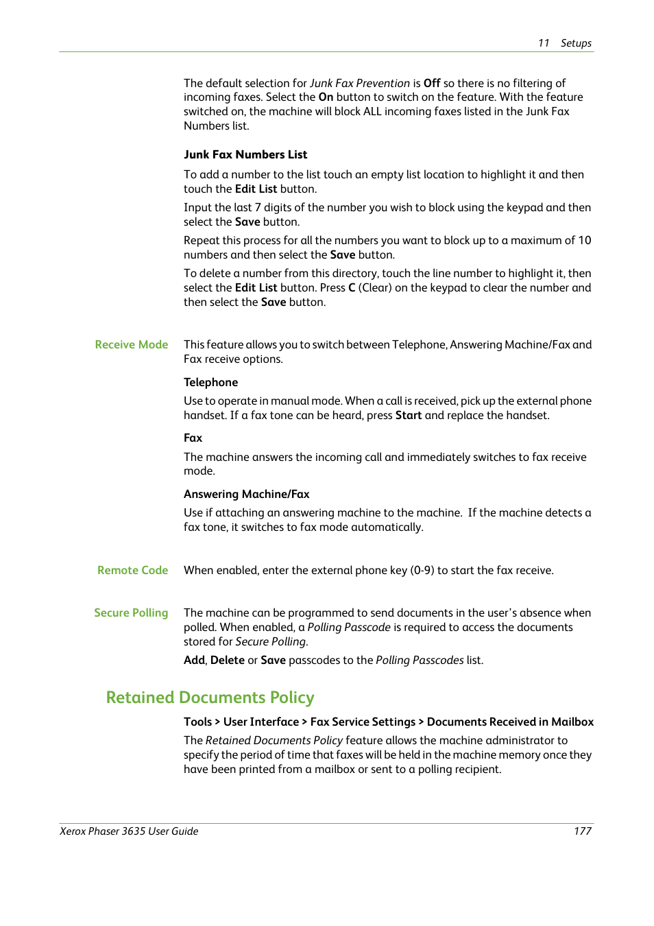 Retained documents policy | Xerox Phaser 3635 User Manual | Page 183 / 228