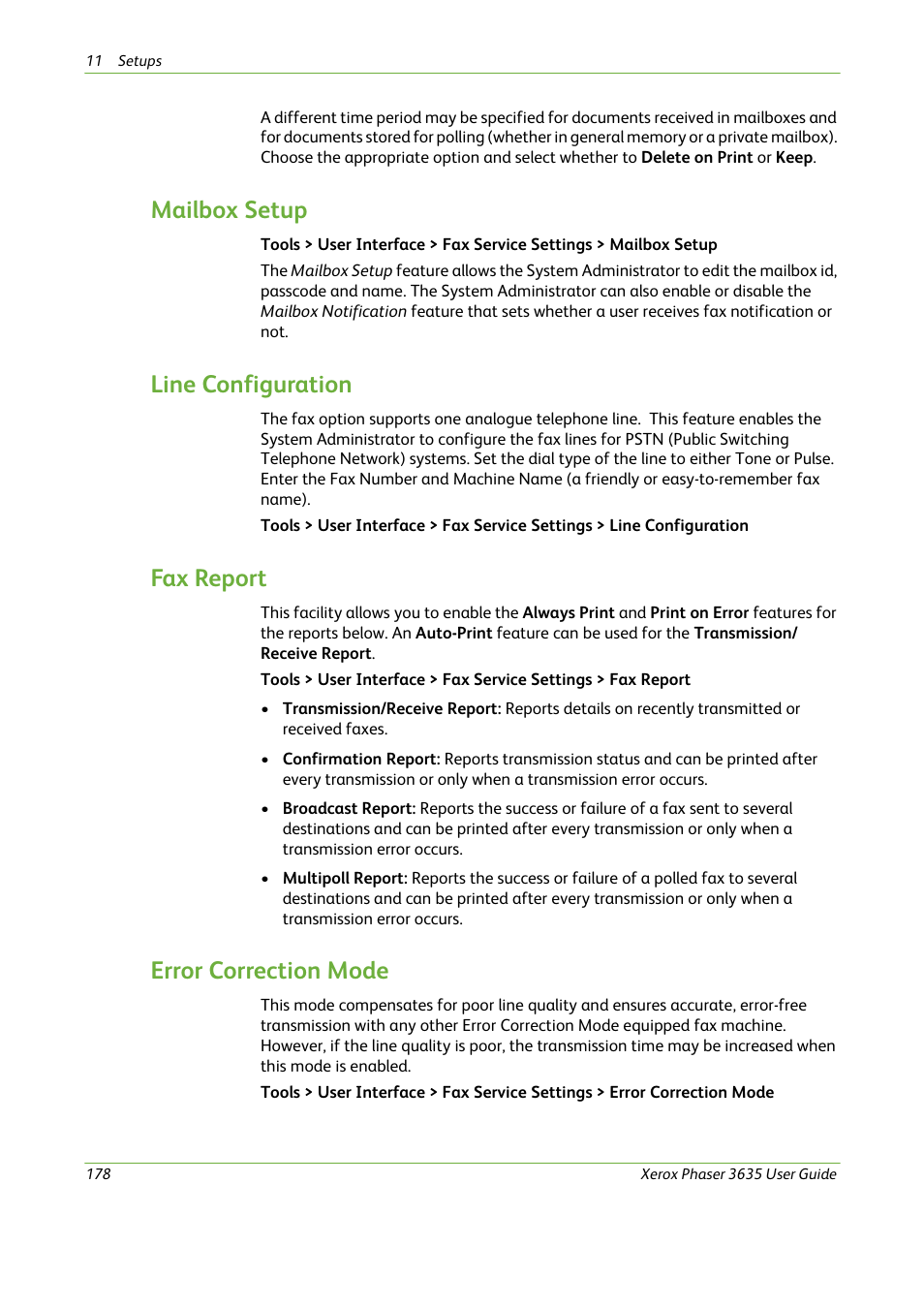 Mailbox setup, Line configuration, Fax report | Error correction mode | Xerox Phaser 3635 User Manual | Page 184 / 228