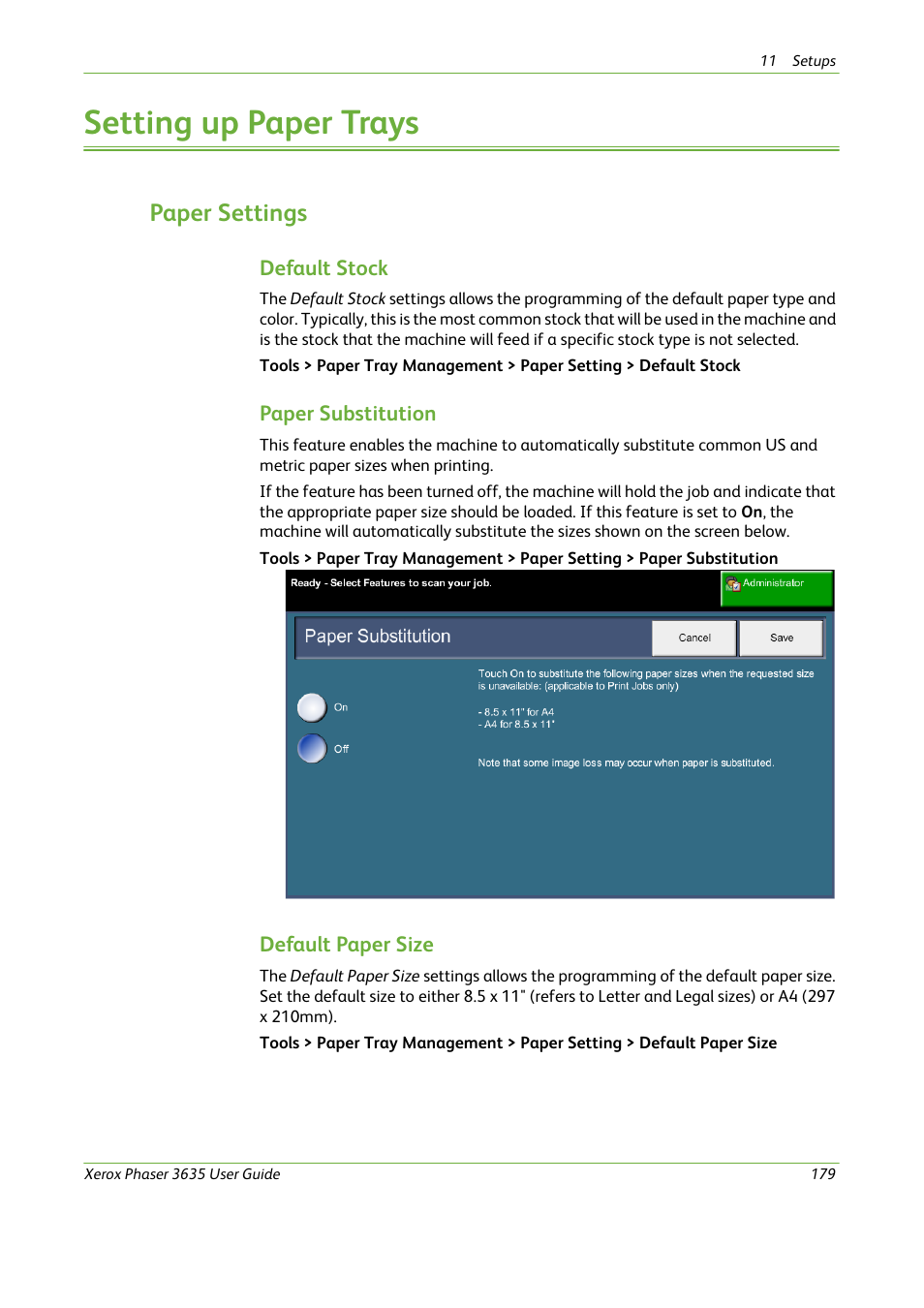 Setting up paper trays, Paper settings | Xerox Phaser 3635 User Manual | Page 185 / 228