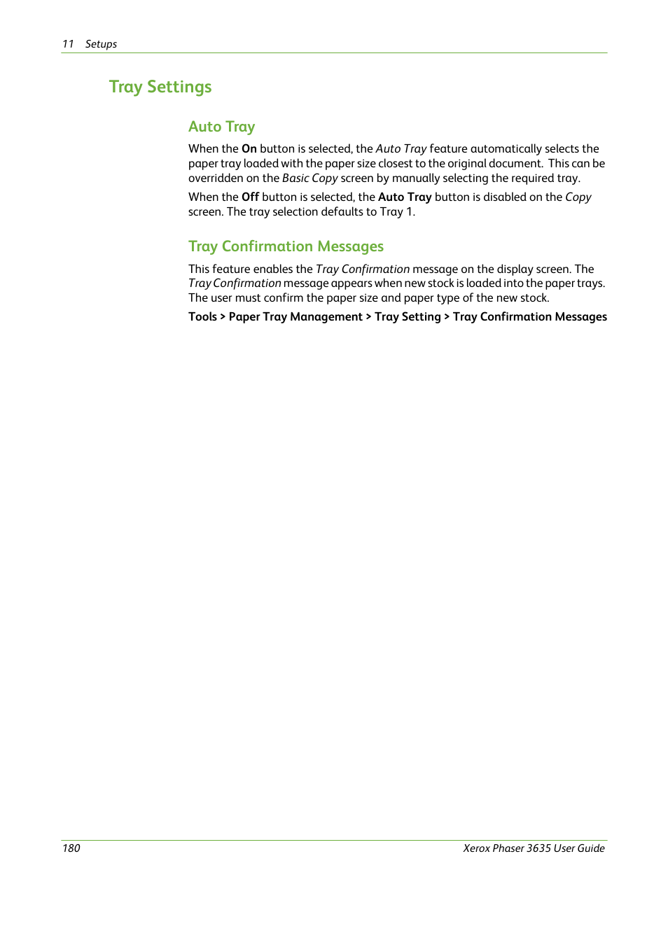 Tray settings, Auto tray, Tray confirmation messages | Xerox Phaser 3635 User Manual | Page 186 / 228