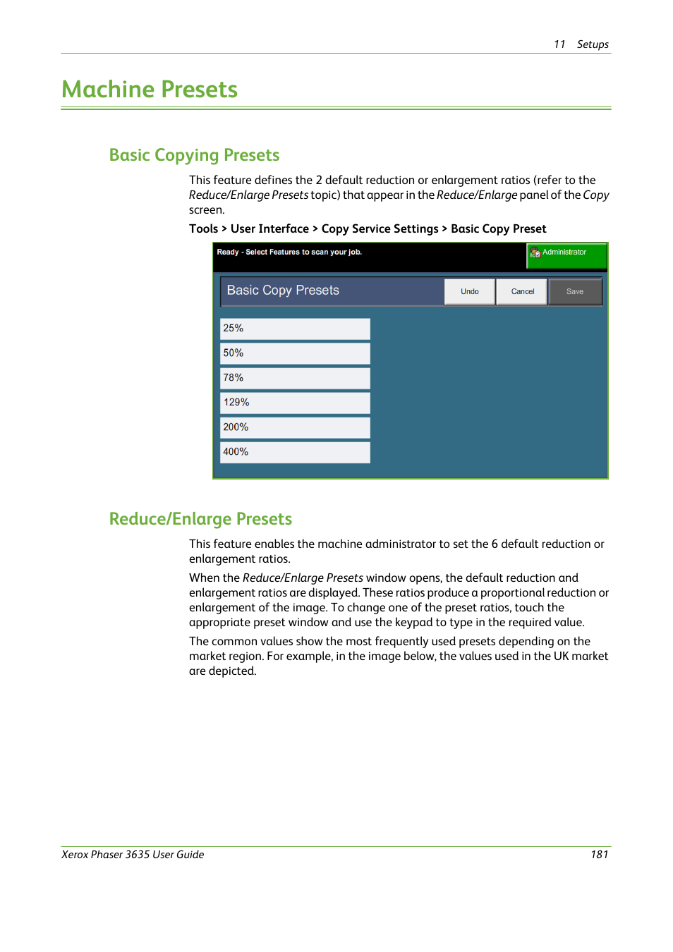 Machine presets, Basic copying presets, Reduce/enlarge presets | Xerox Phaser 3635 User Manual | Page 187 / 228