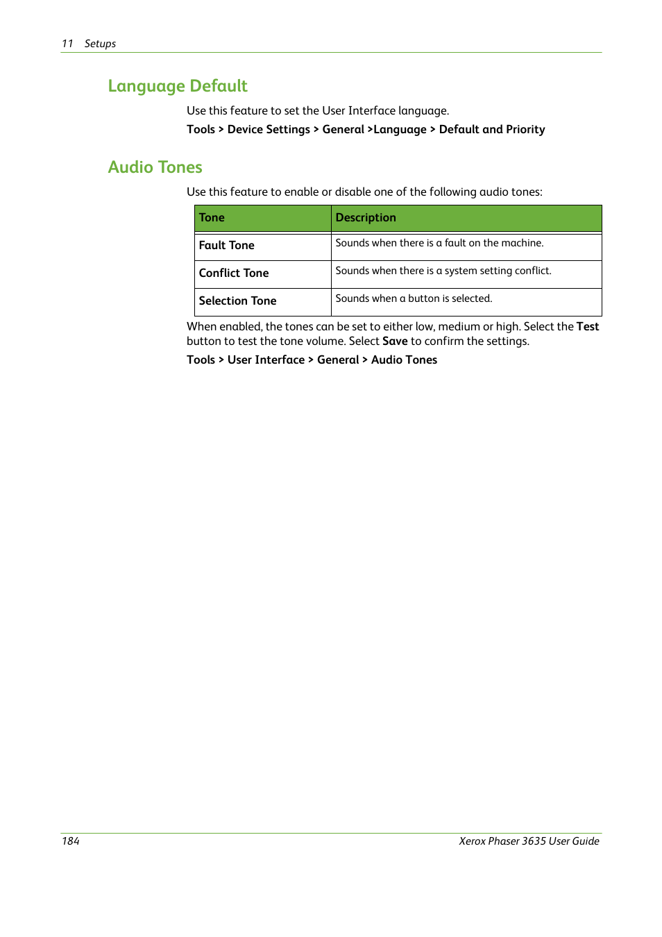 Language default, Audio tones | Xerox Phaser 3635 User Manual | Page 190 / 228