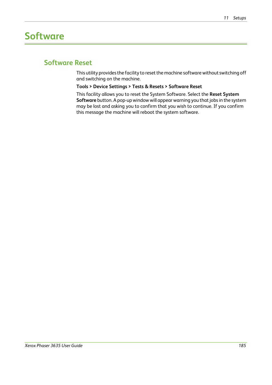 Software, Software reset | Xerox Phaser 3635 User Manual | Page 191 / 228