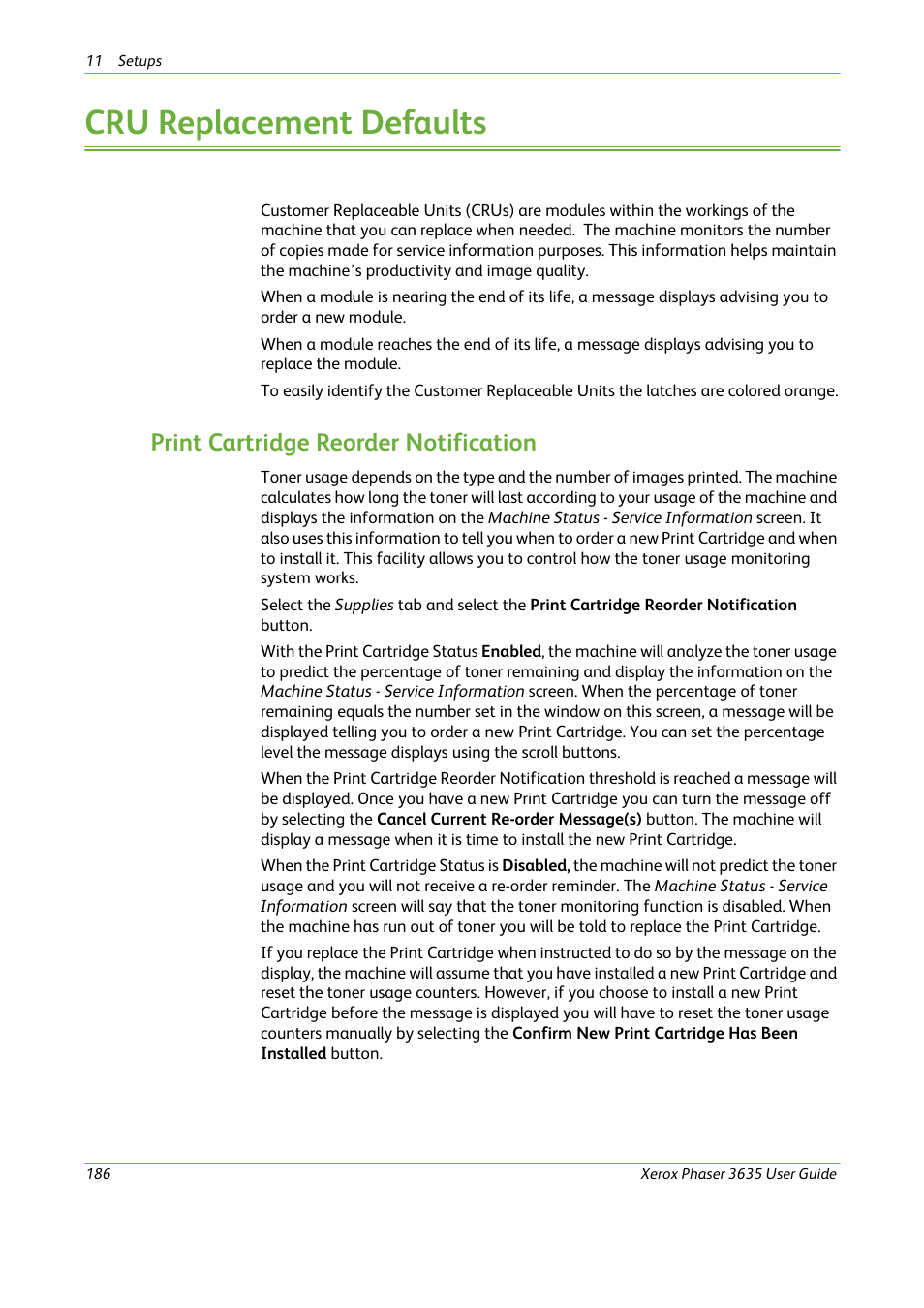 Cru replacement defaults, Print cartridge reorder notification | Xerox Phaser 3635 User Manual | Page 192 / 228