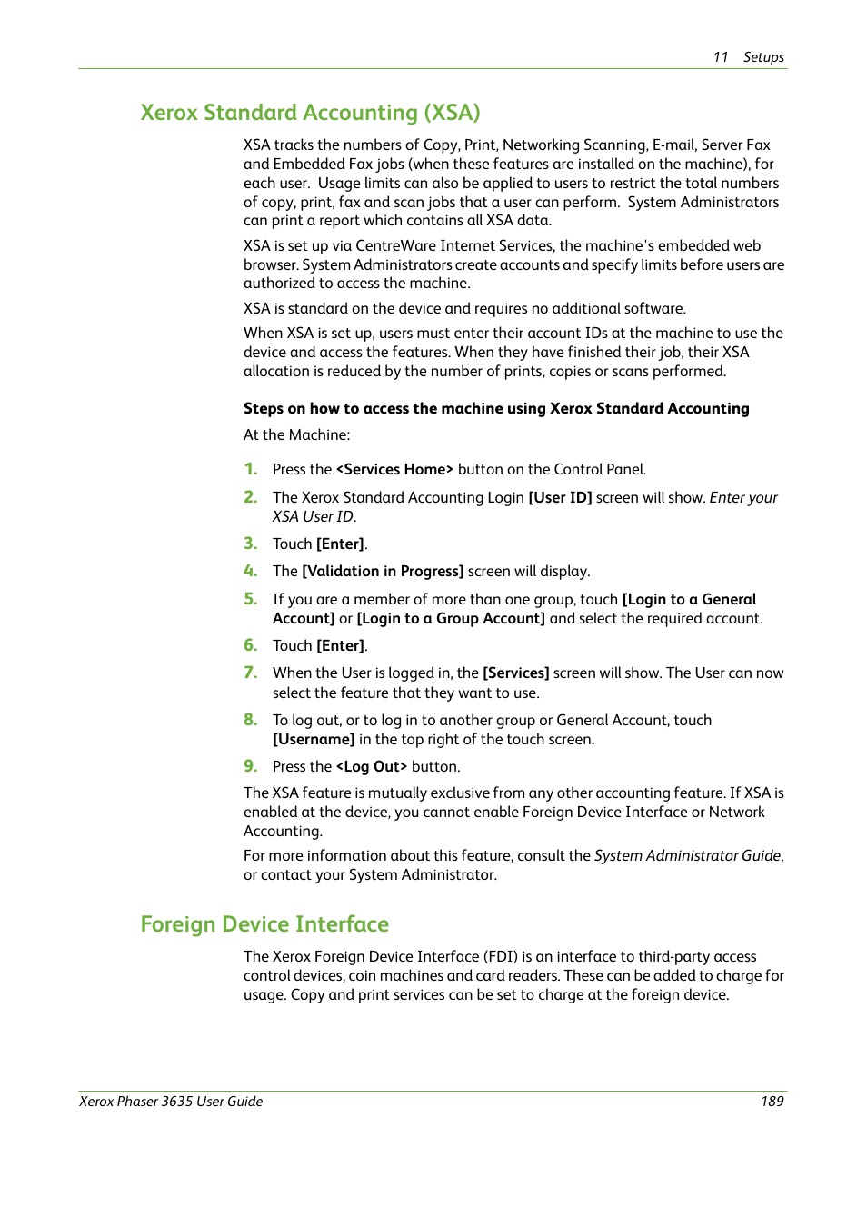 Xerox standard accounting (xsa), Foreign device interface | Xerox Phaser 3635 User Manual | Page 195 / 228