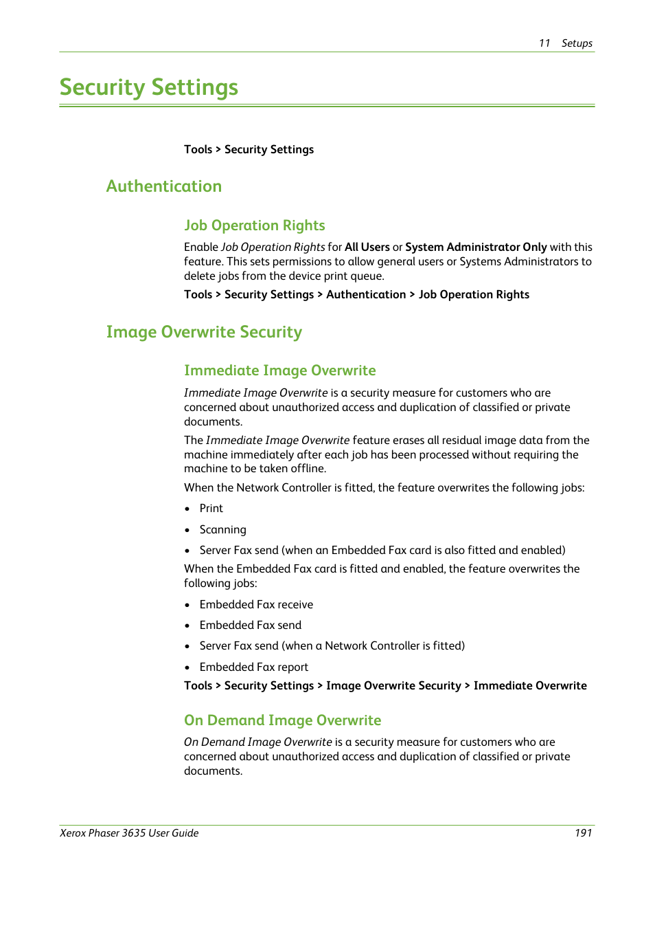 Security settings, Authentication, Image overwrite security | Job operation rights, Immediate image overwrite, On demand image overwrite | Xerox Phaser 3635 User Manual | Page 197 / 228