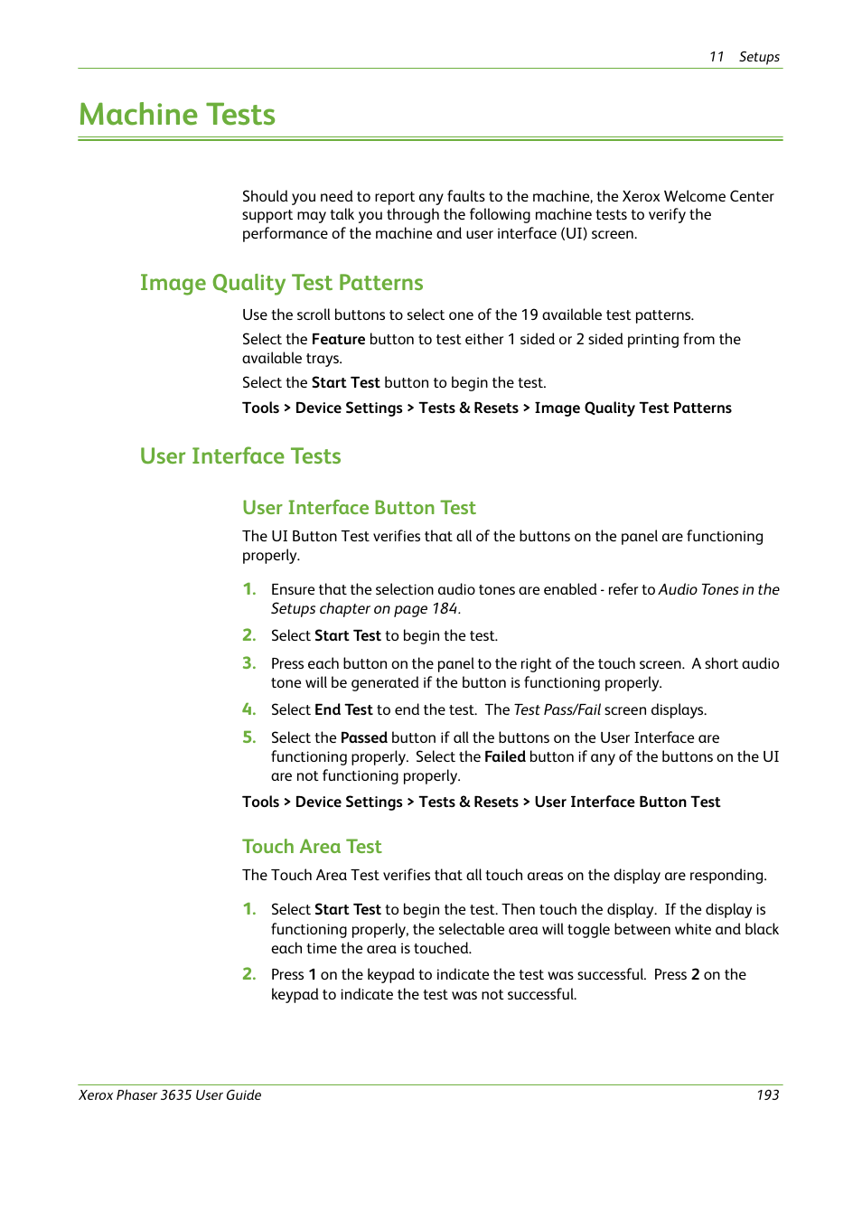 Machine tests, User interface tests, Image quality test patterns | Xerox Phaser 3635 User Manual | Page 199 / 228