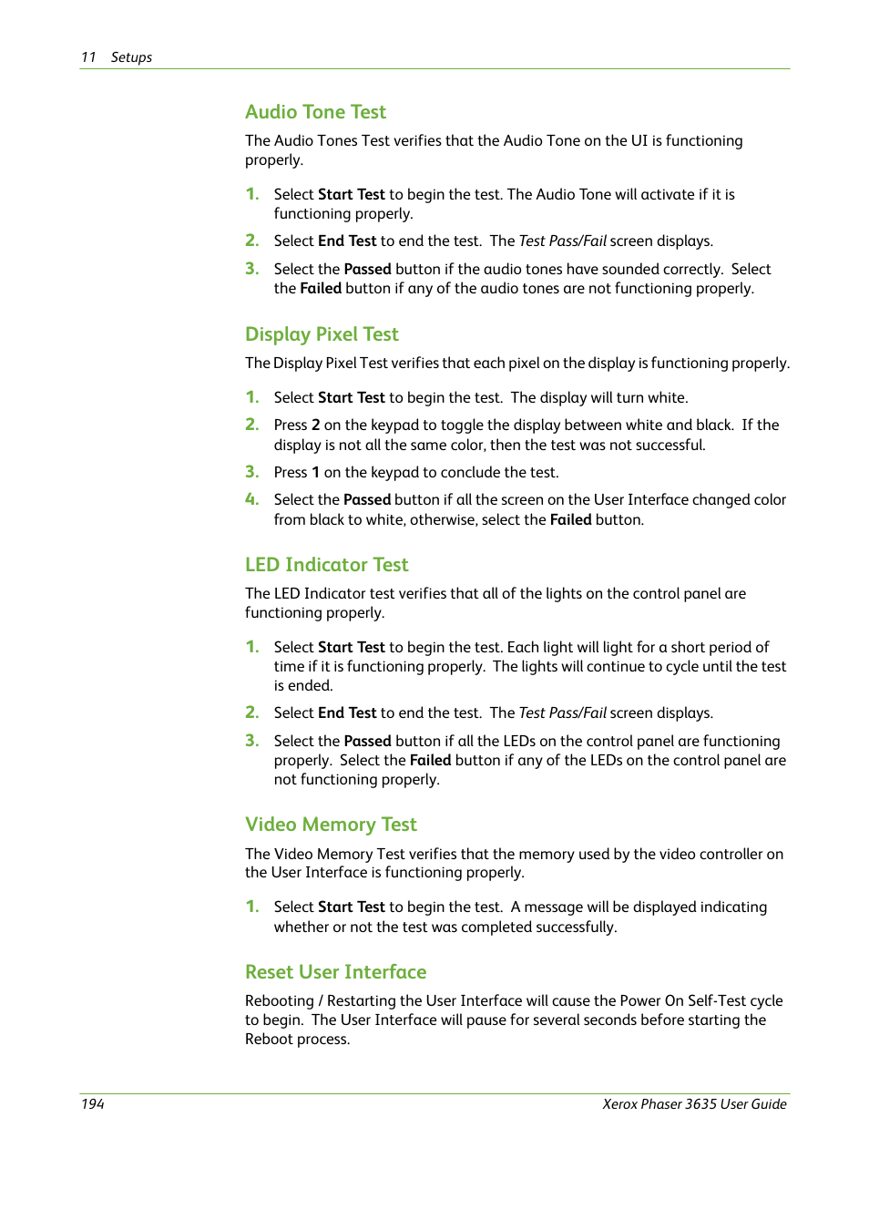 Audio tone test, Display pixel test, Led indicator test | Reset user interface | Xerox Phaser 3635 User Manual | Page 200 / 228