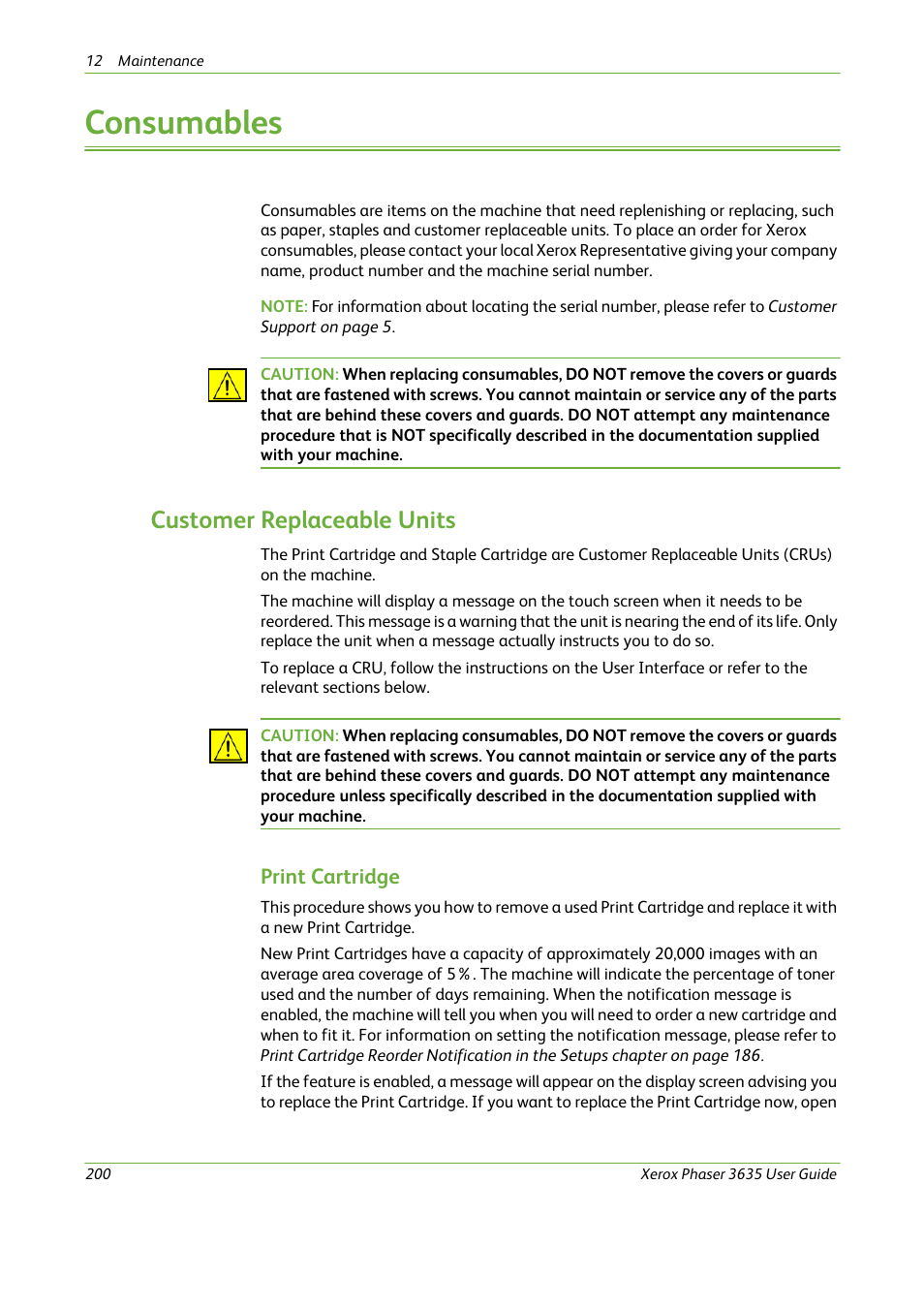 Consumables, Customer replaceable units, Print cartridge | Xerox Phaser 3635 User Manual | Page 206 / 228