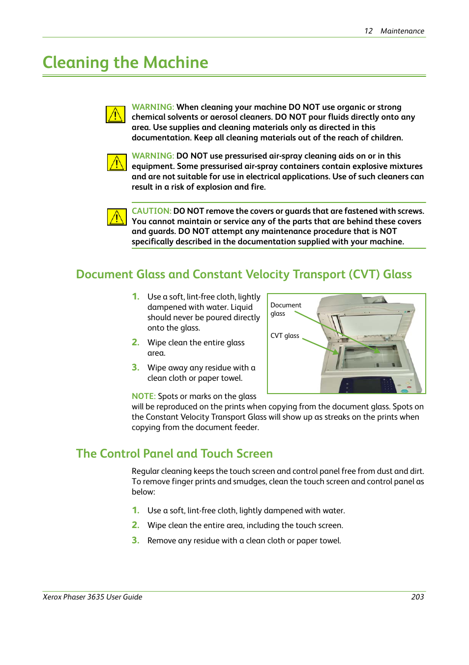 Cleaning the machine, The control panel and touch screen | Xerox Phaser 3635 User Manual | Page 209 / 228